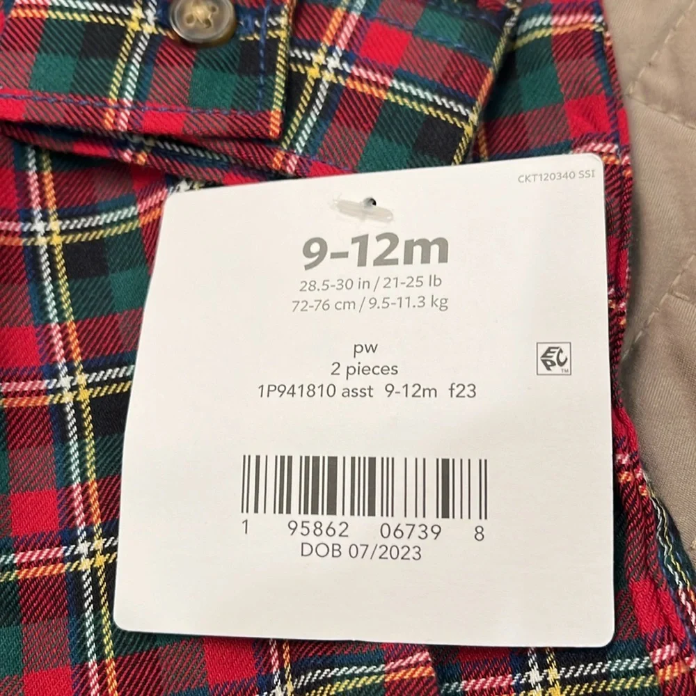 Carter Baby 2-Piece Plaid Button-Front Top & Pant Set/NWT/12M